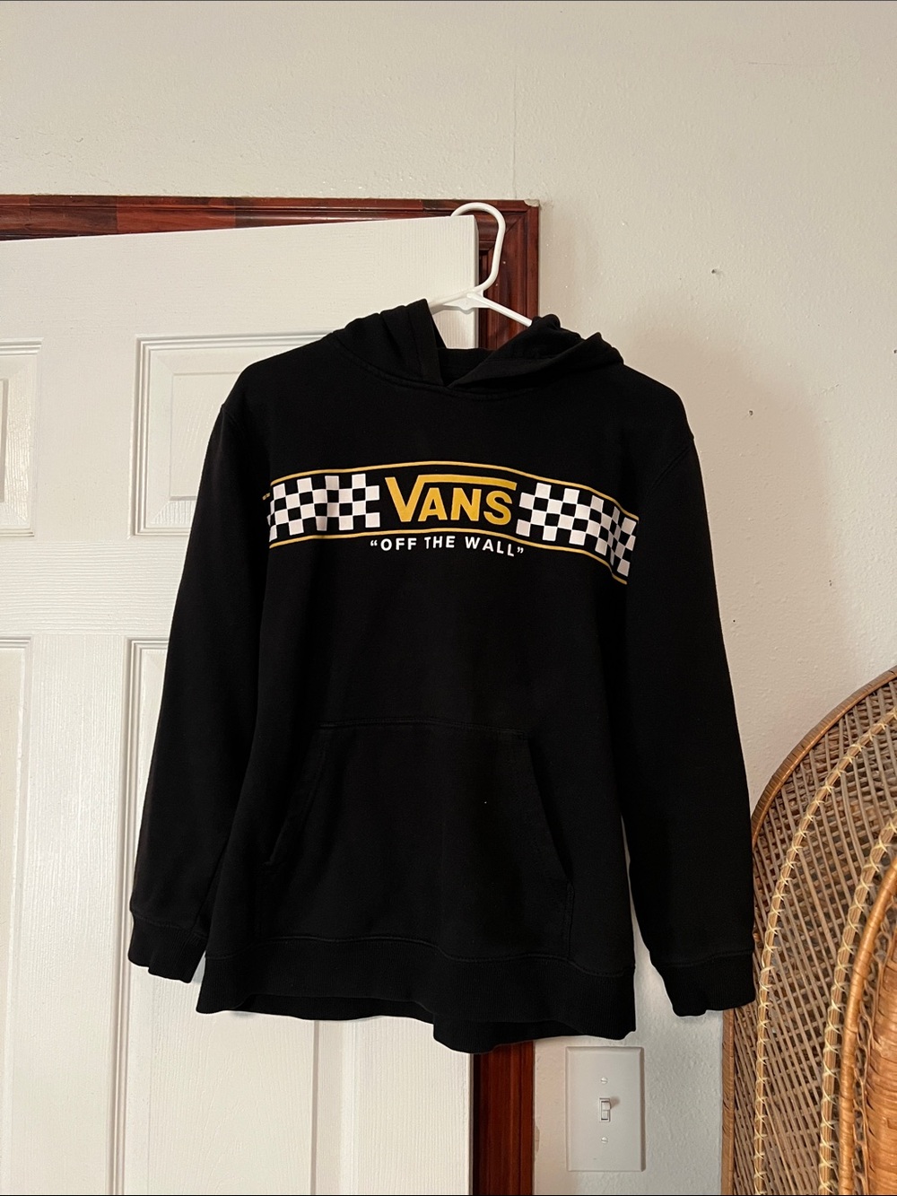 Vans Black Hoodie with Yellow Logo & Checkerboard Stripe -